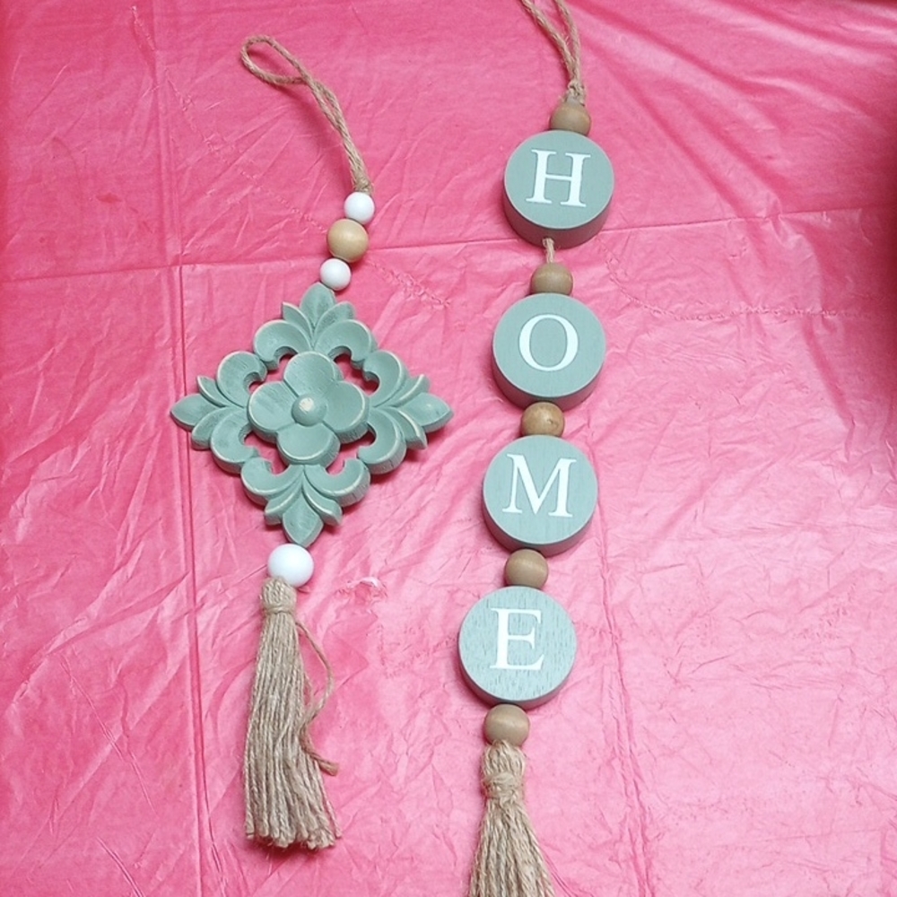 "Home" Decor On Wooden Beads And Diamond Shape Wooden Figure.